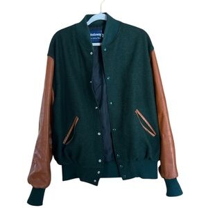 Holloway Varsity Jacket Men’s XL Green Wool Brown Leather Sleeves USA Made Retro